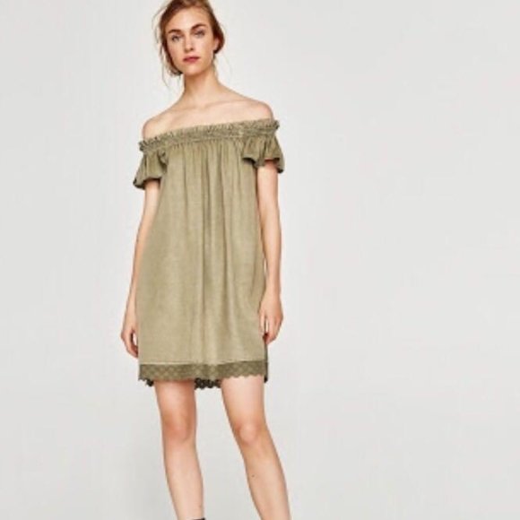 Zara Smocked Off Shoulder Mini Dress - Army Green - S - Picture 1 of 16